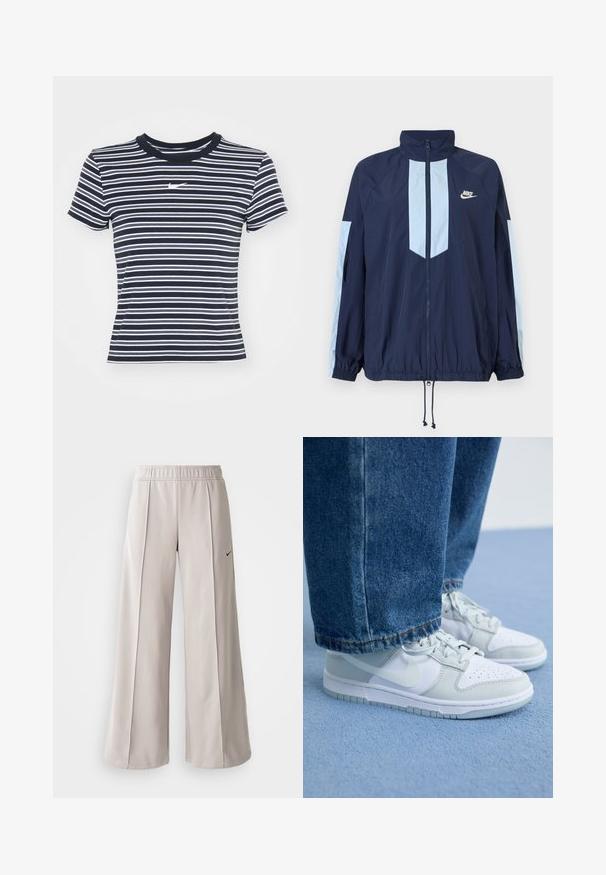 Casaco corta-vento azul-marinho com detalhes em azul claro, gola alta, fecho com zíper na frente e punhos elásticos. Logótipo da Nike destacado no peito.; T-shirt riscarado em azul marinho e branco com um design ajustado, mangas curtas e gola redonda; apresenta um pequeno logotipo branco no peito.; Calças largas de tom cinza claro feitas de tecido suave. Apresentam uma cintura elástica e o logo da Nike em preto no lado esquerdo.; Ténis Nike em couro branco e cinza claro com biqueira perfurada, atacadores planos e sola de borracha, combinados com calças de ganga azuis.