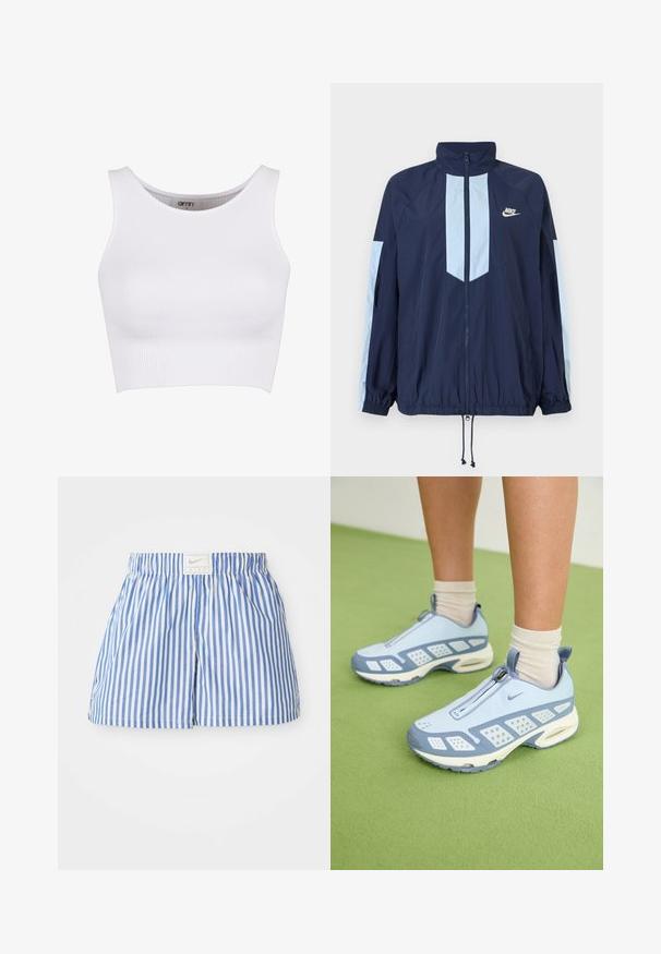 Giacca a vento navy con accenti azzurri, collo alto, zip frontale completa e polsini elasticizzati. Logo Nike presente sul petto.; Top corto bianco a coste con scollatura rotonda e spalline larghe. Presenta una texture elasticizzata, progettata per il comfort e la libertà di movimento.; Pantaloni corti a righe blu e bianche con una cintura elastica e un'etichetta con il logo Nike. Realizzati in un tessuto leggero con una superficie liscia.; Scarpe da ginnastica azzurro chiaro con dettagli bianchi, pannelli testurizzati e chiusura con zip. Presentano una suola con imbottitura ad aria visibile e una suola in gomma.