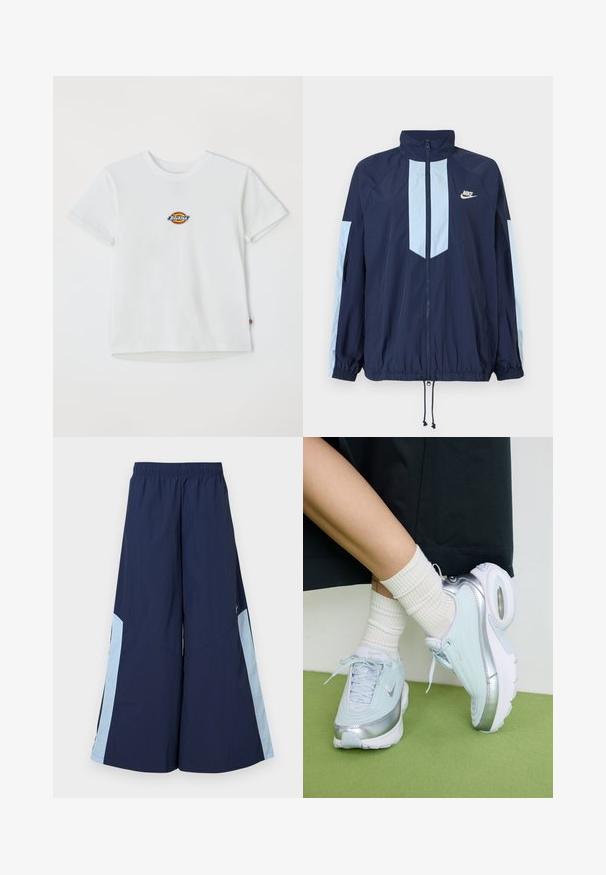 Jachetă de vânt navy cu accente albastre deschise, guler înalt, fermoar complet frontal și manșete elastice. Logo-ul Nike prezent pe piept.; Tricou din bumbac alb cu un logo rotund și accente multicolore. Mâneci scurte și guler rotund, cu un etichetă mică la tiv.; Pantaloni largi de marină cu talie elastică, având panouri laterale de culoare albastru deschis și o textură netedă. Concepuți pentru confort și libertate de mișcare.; Tenisi bleu deschis cu accente argintii, suprastructură texturată, talpă căptușită și unitate de aer vizibilă. Asociati cu șosete albe cu dungi.