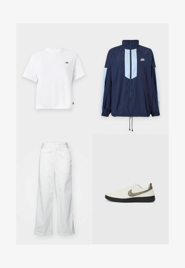 Navy windbreaker jacket with light blue accents, high collar, full front zipper, and elastic cuffs. Nike logo featured on the chest.; White cotton t-shirt with a relaxed fit, featuring a small logo patch on the chest and a tag on the side for added detail.; White wide-leg trousers made from cotton, featuring a smooth texture, straight fit, front pockets, and a clean hem.; Nike Sportswear FIELD GENERAL - Trainers - off-white/black