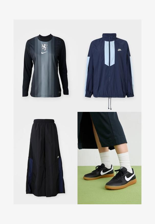 Marine vindjakke med lyseblå detaljer, høy krage, full frontlynned, og elastiske mansjetter. Nike-logoen er plassert på brystet.; Langermet skjorte i svart og grått med vertikale striper, med et løveemblem og Nike-logo på brystet. Glatt tekstur, atletisk passform.; Svarte vide bukser laget av lett stoff, med et marineblått sidestykke og elastisk midjebånd. Liten hvit logo nederst.; Sorte lær- og syntetiske joggesko med hvit Nike swoosh, gummisåle, rund tå og sorte lisser. Ribbet hvite sokker synlige.