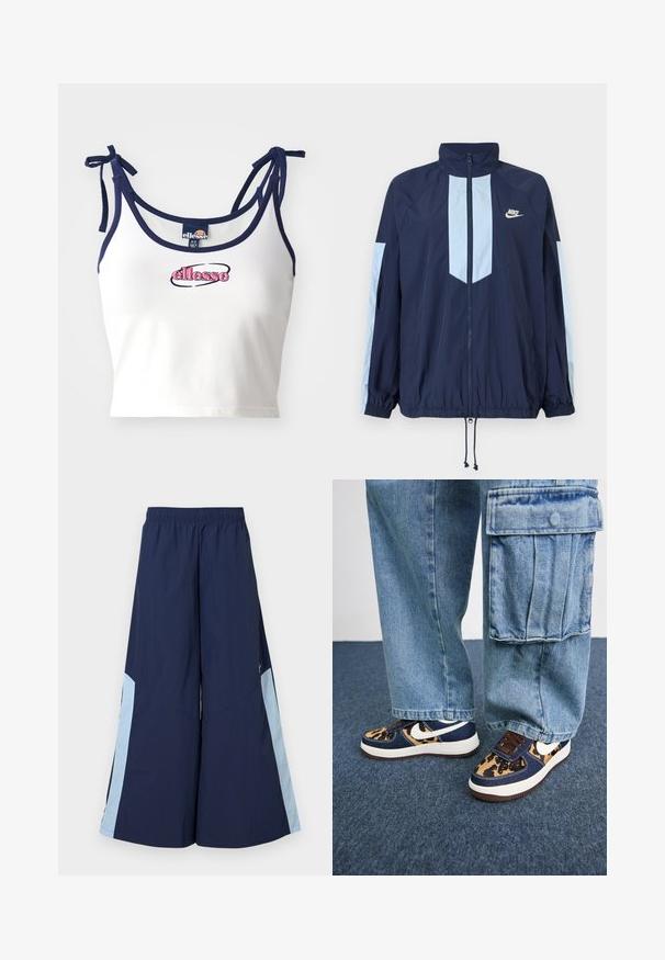 Jachetă de vânt navy cu accente albastre deschise, guler înalt, fermoar complet frontal și manșete elastice. Logo-ul Nike prezent pe piept.; Top scurt alb cu bretele marine, având logo-ul brodat "ellesse" în roz. Material neted, cu bretele ajustabile pe umeri.; Pantaloni largi de marină cu talie elastică, având panouri laterale de culoare albastru deschis și o textură netedă. Concepuți pentru confort și libertate de mișcare.; Adidași bleumarin cu accente de leopard, sigla albă Nike, șireturi maro și talpă intermediară albă. Asortați cu pantaloni cargo din denim deschis.