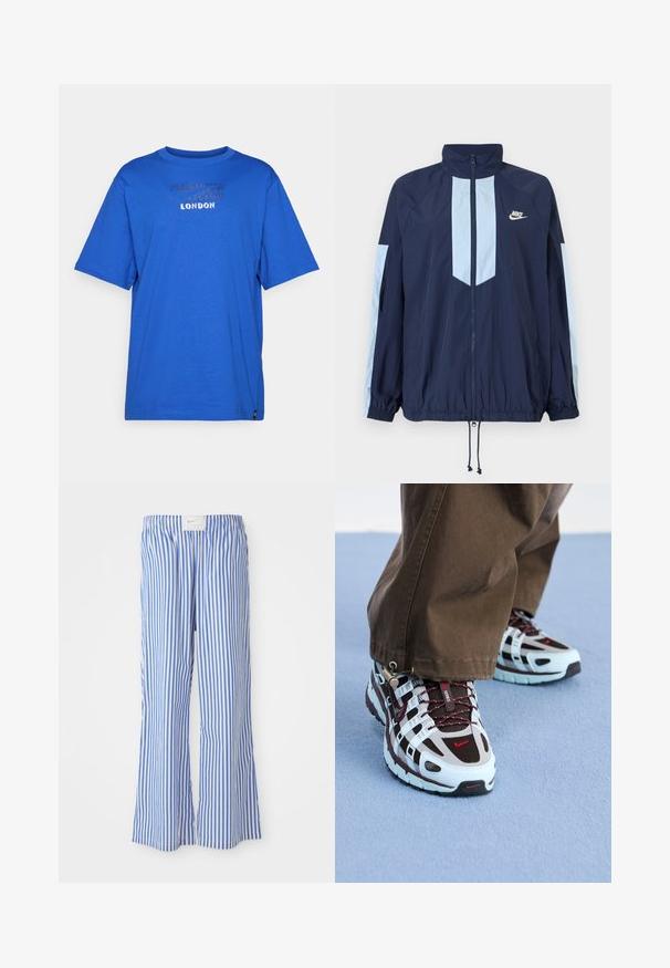 Laivastonsininen tuulenpitävä takki, jossa on vaaleansinisiä yksityiskohtia, korkea kaulus, koko etumuksen vetoketju ja joustavat hihansuut. Nike-logo rintaan brodeerattuna.; Sininen puuvillapaita, jossa on pyöreä kaula-aukko, lyhyet hihat ja teksturoitu printti, jossa lukee "LONDON" edessä. Ei kuvioita tai koristeita.; Siniset ja valkoiset raidalliset housut, joissa on rento leikkaus, valmistettu kevyestä kankaasta. Housuissa on joustava vyötärö ja hienovarainen logo-etiketti.; Nike-kenkä, jossa on vaalean sininen ja ruskea värimaailma, verkko- ja kumimateriaali, joissa on erottuvat punaiset yksityiskohdat ja teksturoitu pohja.
