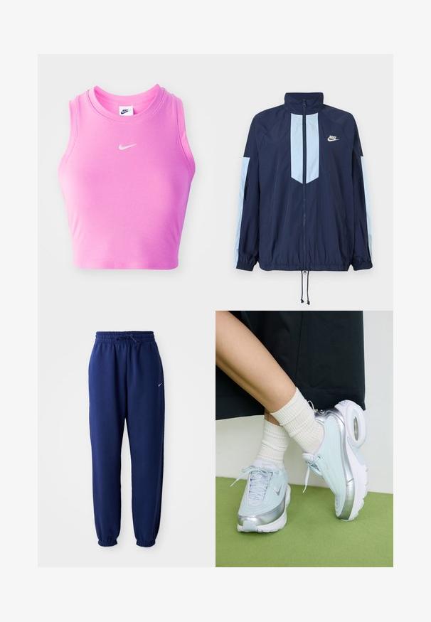 Jūras spēku vēja žakete ar gaiši ziliem akcentiem, augstu apkakli, pilnu priekšējo rāvējslēdzēju un elastīgām aprocēm. Uz krūtīm redzams Nike logo.; Rozā bezpiedurkņu krekls ar ribota auduma struktūru, ar apaļu kakla izgriezumu un mazu balto Nike zvīņveida logo priekšā centrā.; Navy zila sporta bikses, izgatavotas no mīksta auduma, ar elastīgu jostu ar auklu, elastīgiem piedurknēm un mazu balto logo.; Gaiši zili sporta apavi ar sudraba akcentiem, teksturēts augšējais pārklājums, mīksts zole un redzama gaisa vienība. Apvienoti ar baltām ribotām zeķēm.