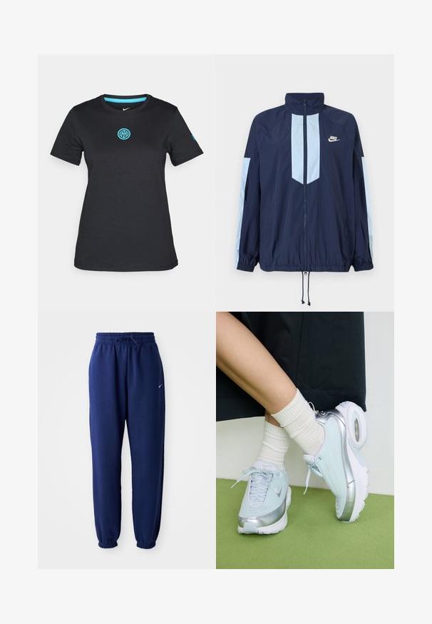 Jachetă de vânt navy cu accente albastre deschise, guler înalt, fermoar complet frontal și manșete elastice. Logo-ul Nike prezent pe piept.; Tricou negru cu mânecă scurtă, fabricat dintr-un material moale, având un guler rotund și un logo brodat de culoare albastră deschisă pe piept.; Pantaloni de sport bleumarin, confecționați dintr-un material moale, având o talie elastică cu șnur, manșete elastice și un mic logo alb.; Tenisi bleu deschis cu accente argintii, suprastructură texturată, talpă căptușită și unitate de aer vizibilă. Asociati cu șosete albe cu dungi.
