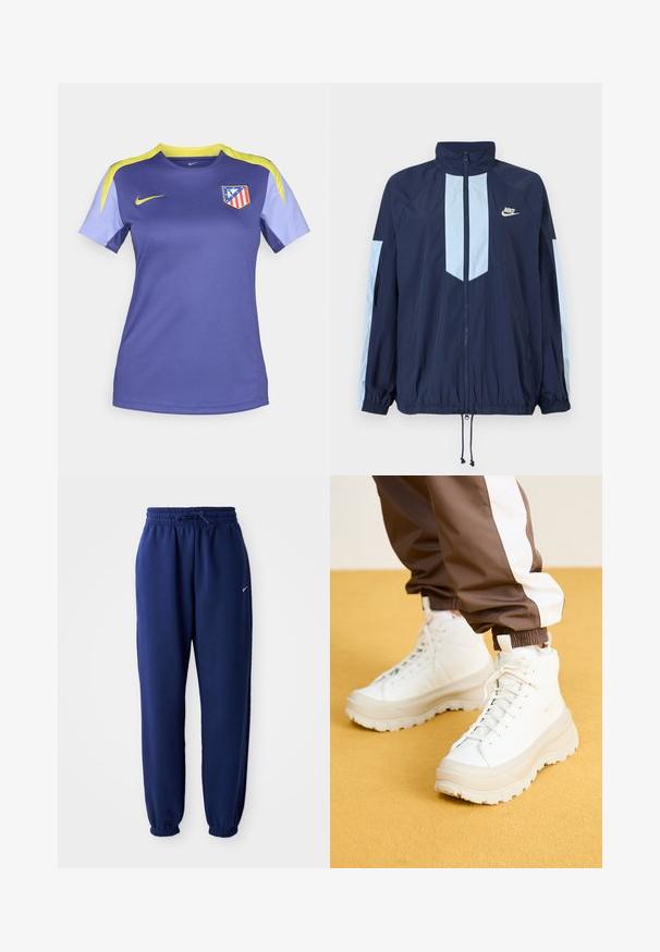 Marine vindjakke med lyseblå detaljer, høy krage, full frontlynned, og elastiske mansjetter. Nike-logoen er plassert på brystet.; Lilla Nike fotbalsskjorte med gule detaljer og lyse lilla ermer, med Atlético Madrid-logo på venstre bryst.; Mørkeblå joggebukser laget av mykt stoff, med elastisk linning med snøring, elastiske mansjetter og en liten hvit logo.; Hvite høytoppsneakers med en tykk, teksturert såle, med en glatt øvre del, rund tå og tonede snøringer, satt mot en gul bakgrunn.