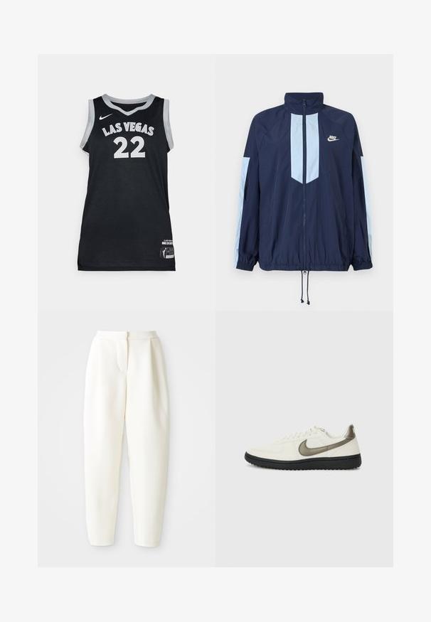 Marine vindjakke med lyseblå detaljer, høy krage, full frontlynned, og elastiske mansjetter. Nike-logoen er plassert på brystet.; Svart basketballtrøye med "LAS VEGAS" og tallet "22" i hvitt. Laget av mesh-stoff, har grå kanting og merkelapp på kanten.; Høytlivede, smale hvite bukser med skjult frontlukking og sidelommer, vist mot en ensfarget hvit bakgrunn.; Nike Sportswear FIELD GENERAL - Joggesko - off-white/black