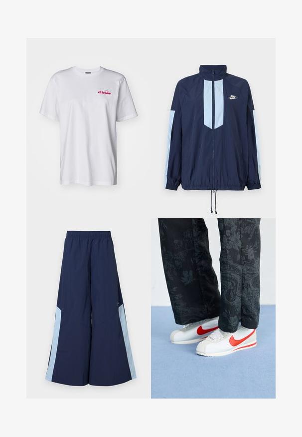 Marineblauer Windbreaker mit hellblauen Akzenten, hohem Kragen, durchgehendem Reißverschluss und elastischen Bündchen. Nike-Logo auf der Brust.; Weißes Baumwoll-T-Shirt mit kurzen Ärmeln, Rundhalsausschnitt und einem rosa gestickten Logo auf der linken Brust. Leicht und mit glatter Textur.; Marinefarbene weite Hosen mit einem elastischen Bund, die hellblaue Seitenpaneele und eine glatte Textur aufweisen. Designed für Komfort und Bewegungsfreiheit.; Weiße Nike-Sneaker mit roten Akzenten, kombiniert mit schwarzen Hosen, die ein florales Muster aufweisen. Die Textur ist glatt mit einer flachen geflochtenen Sohle.