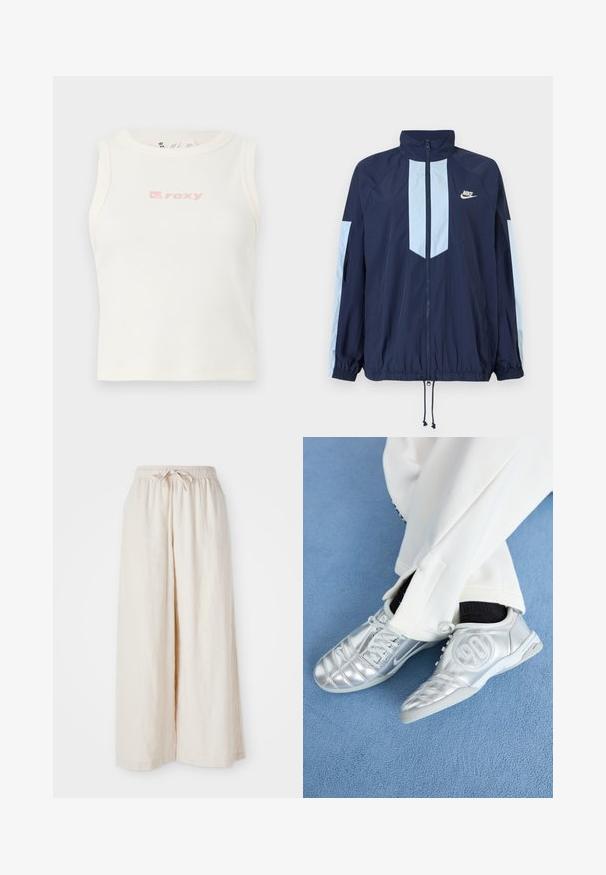 Marineblå vindjakke med lyseblå detaljer, høj krave, fuld frontlynlås og elastiske manchetter. Nike-logo på brystet.; Hvid ribbet tanktop med rund halsudskæring og et lille lyserødt "Roxy" logo på brystet. Glat tekstur, tætsiddende design, uden ærmer.; Bredde ben, flødefarvede bukser med elastisk talje og snor. Glat, let linnedstof uden synlige mønstre eller hardware.; Sølv athletic sko med en glat, skinnende finish, der har et syet design og nummer 90 på siden, parret med hvide bukser.