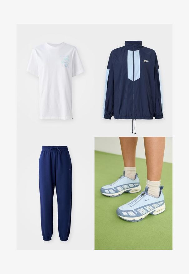 Navy windbreaker jacket with light blue accents, high collar, full front zipper, and elastic cuffs. Nike logo featured on the chest.; White cotton t-shirt with short sleeves, featuring a light blue graphic of a palm tree and waves on the left chest area.; Navy blue sweatpants made of soft fabric, featuring an elastic waistband with drawstring, elastic cuffs, and a small white logo.; Light blue athletic shoes with white accents, textured panels, and a zip closure. Features a visible air cushioning sole and rubber outsole.