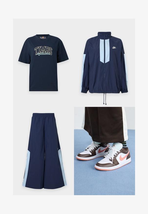 Jūrinio stiliaus vėjo apsaugos striukė su šviesiai mėlynomis detalėmis, aukštu apykakle, visiškai užtraukiama, ir elastingais rankogaliais. Pavaizduotas „Nike“ logotipas ant krūtinės.; Tamsiai mėlynas medvilninis marškinėliai su laisvu siluetu. Su grafiniu dizainu, kuriame yra "TIMBS Authentic" kontrastingomis spalvomis. Trumpomis rankovėmis, apvali iškirptė.; Jūrinio stiliaus plačios kelnės su elastinga juosmena, turinčios šviesiai mėlynas šonines juostas ir lygią tekstūrą. Sukurtos patogumui ir laisvam judėjimui.; Balti ir rudi Nike Air Jordan sportbačiai su rožiniais akcentais, turintys žemą dizainą, baltus raištelius ir tekstūruotą gumos padą.