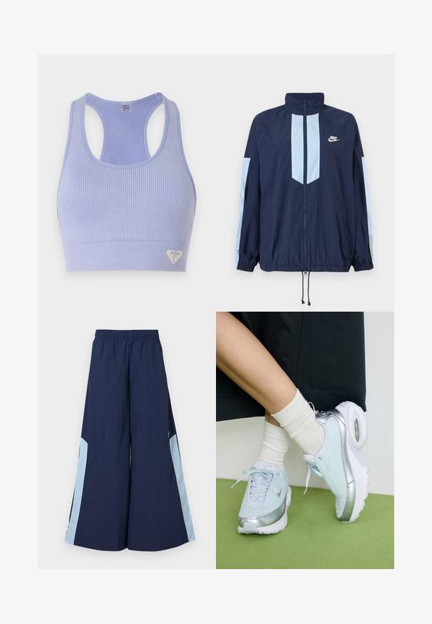 Tumesinise tuulejope helebeežide aktsentidega, kõrge kraega, täispika taljega ja elastsete mansettidega. Nike logo rinnal.; Heled lilla ribaga spordirinnahoidja, millel on ümar kaelus ja racerback disain, ning alumises nurgas on väike südame logo.; Tumed laiad püksid elastse vöökoha ja helesiniste külgpaneelidega, millel on sile tekstuur. Disainitud mugavuseks ja liikumise lihtsuseks.; Heled sinine tennis, millel on hõbedased detailid, tekstureeritud ülemine osa, pehme põhi ja nähtav õhukamber. Kombineeritud valgete ribadega sokkidega.
