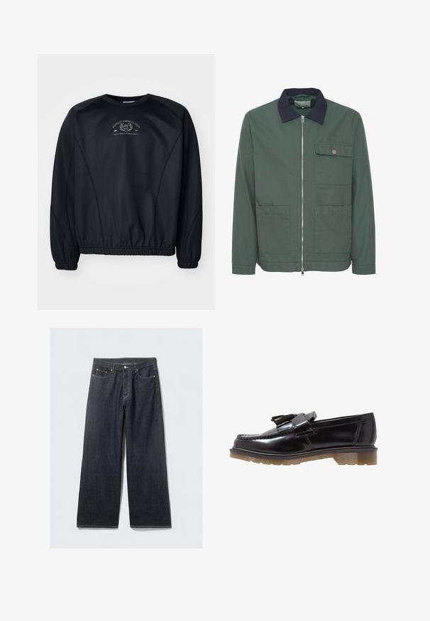 Veste zippée verte avec un col marine, deux poches avant et une poche poitrine. Fabriquée en tissu texturé, avec un design minimaliste.; Sweatshirt noir avec un col rond, des poignets et un ourlet côtelés. Présente un imprimé graphique subtil sur la poitrine et un tissu lisse, légèrement texturé.; Jean large en denim foncé à taille haute, avec des rivets en ton cuivré et des coutures contrastées, texture lisse et sans motifs visibles.; Loafers en cuir verni noir avec un design tressé, une touche de pampilles et une semelle en caoutchouc texturée et épaisse. La vue de côté met en avant une silhouette élégante.