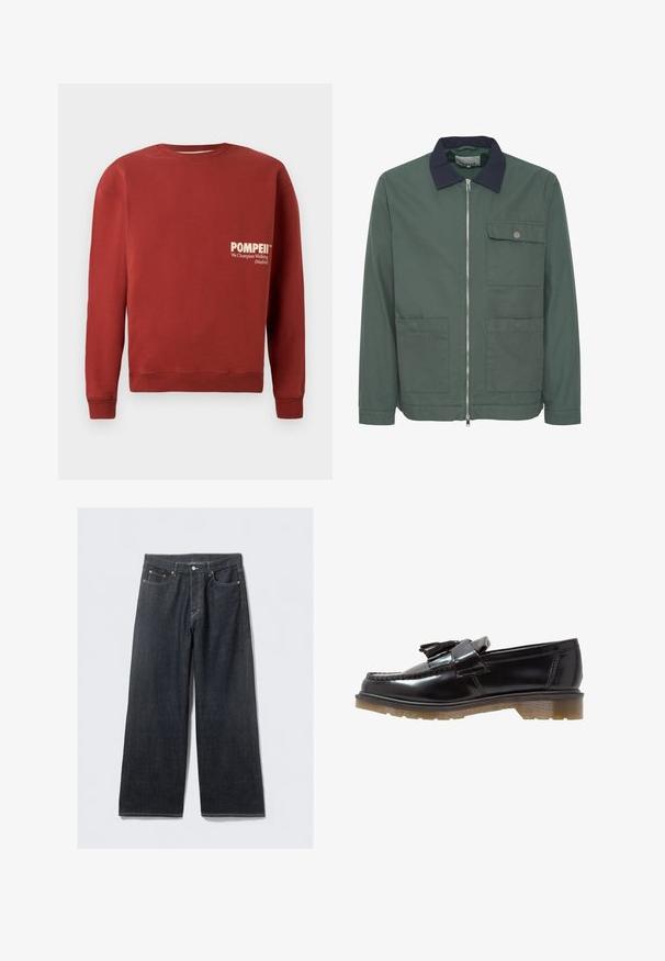 Zielona kurtka zapinana na zamek z granatowym kołnierzem, dwiema przednimi kieszeniami i kieszenią na piersi. Wykonana z teksturowanej tkaniny, charakteryzująca się minimalistycznym designem.; Czerwona bluza z okrągłym dekoltem, długimi rękawami i ściągaczami. Na przodzie znajduje się biały tekst: "POMPEJE" oraz "Promujemy Chodzenie (Madryt)".; Ciemnoniebieskie dżinsy o szerokim nogawce i wysokim stanie, z mosiężnymi nitami i kontrastowym przeszyciem, gładka tekstura, bez widocznych wzorów.; Czarne lakierowane loafersy ze splotem, z akcentem w postaci frędzli oraz masywną, teksturowaną gumową podeszwą. Widok z boku podkreśla smukłą sylwetkę.