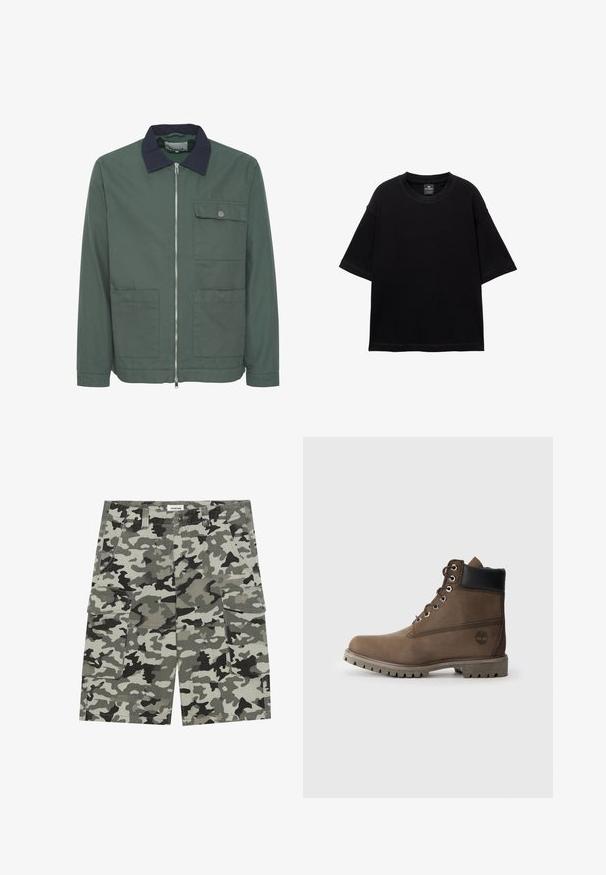 Zöld zipzáras dzseki tengerészkék gallérral, két elülső zsebbel és egy mellzsebbel. Texturált anyagból készült, minimalista dizájnnal.; Fekete, rövid ujjú pamut póló, kerek nyakú és laza szabású. Simaság jellemzi, minimális varrási részletekkel.; Camos-felt cargo bermuda nadrág, szürke és zöld árnyalatokban, több zsebből, gombos záródással és strapabíró szövettextúrával.; Barna bőr bokacsizma fekete gallérral, fém fűzőlyukakkal és strapabíró szürke talppal. Oldalán logó található, valamint steppelt részletek.