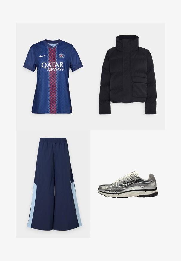 Fekete puffertakó magas nyakkal, rövidített fazonban, hosszú ujjal és elülső zsebbel. Simább, szigetelt anyagból készült.; Párizs Saint-Germain focimez kék színben, piros és fehér geometrikus mintákkal, kerek nyakkivágással, rövid ujjakkal és logóval a mellkason.; Nadrág széles lábbal, tengerészkék színben, rugalmas derékkal, világoskék oldalsó panelekkel és sima textúrával. A kényelem és a szabad mozgás érdekében tervezték.; Ezüst és fekete sportcipő, hálós és szintetikus felsőrésszel, voluminózus dizájnnal és texturált felülettel. Párnázott bokarésszel és gumitalppal rendelkezik.