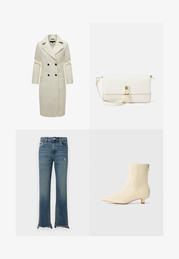 Cappotto doppiopetto color crema realizzato in un tessuto morbido, caratterizzato da un colletto a punta, due tasche frontali e bottoni neri.; Maglione blu navy lavorato a maglia con motivo a trecce, scollo rotondo e polsini e orlo a coste; piccolo logo ricamato sul petto.; Jeans di denim blu con leggeri segni di usura, orli grezzi sfrangiati, tasche frontali, passanti per cintura e chiusura con bottone.; Stivaletto beige in pelle liscia, punta affusolata, tacco basso a blocco e dettaglio con zip laterale per una calzata facile.; Borsa a tracolla bianca in pelle con finitura testurizzata, forma rettangolare, chiusura in metallo dorato e tracolla removibile.