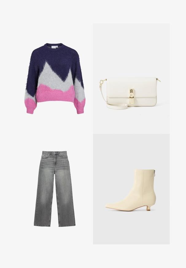 Cappotto doppiopetto color crema realizzato in un tessuto morbido, caratterizzato da un colletto a punta, due tasche frontali e bottoni neri.; Maglione lavorato a maglia in blu navy, grigio e rosa con motivo geometrico di montagne. Presenta una scollatura rotonda e maniche lunghe leggermente gonfie.; Camicia bianca a maniche lunghe con colletto a punta e orlo curvo, esposta su uno sfondo semplice.; Jeans grigi ampi in denim, con vita media, cinque tasche e lievi sfumature sulle gambe.; Stivaletto a punta in pelle color crema con finitura liscia, dotato di tacco a blocco piccolo e cerniera laterale per la chiusura.; Borsa a tracolla bianca in pelle con finitura testurizzata, forma rettangolare, chiusura in metallo dorato e tracolla removibile.