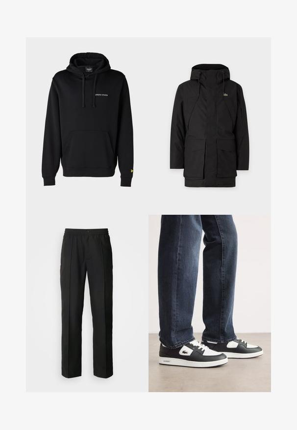 Lacoste Žieminis paltas - black; Juodas medvilninis bliuzonas su priekiniais kengūrų kišenėmis. Ant krūtinės yra baltas logotipas, o ant rankovės – geltonas paukščio logotipas.; Juodos kelnės su tiesios kojos dizainu, pagamintos iš lygaus audinio. Savybės: elastinga juostos juosta ir mygtuko užsegimas.; Juodos ir baltos Lacoste sportbačiai su tekstūruota odine viršutine dalimi, turi raištelių užsegimą ir baltą guminį pado. Avėti su tamsiomis džinsinėmis kelnėmis.