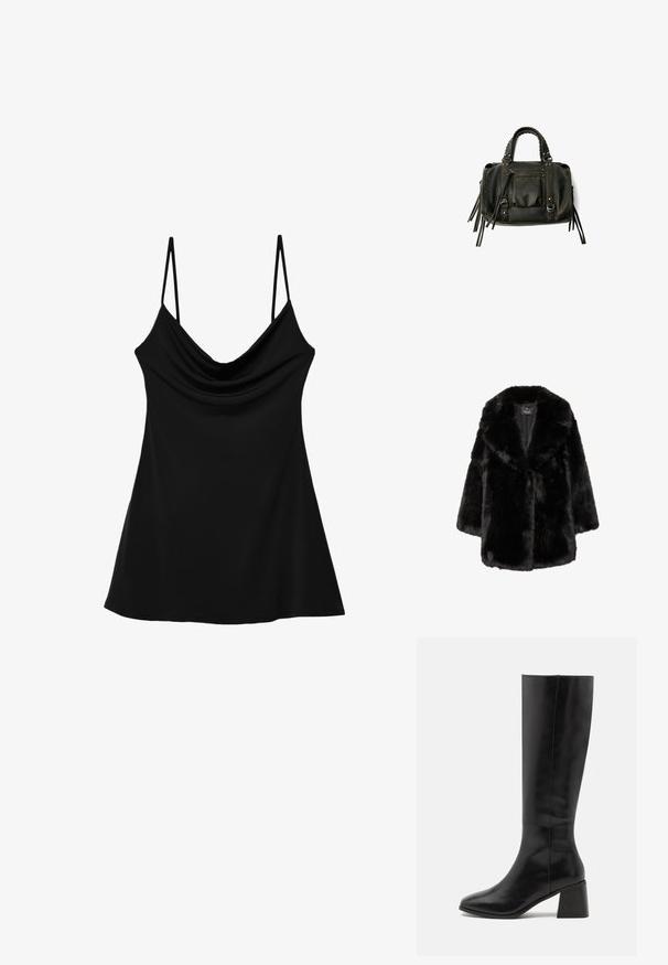 Černý kabát z umělé kožešiny s širokým límcem a dlouhými rukávy, navržený pro teplo a styl, vystavený na bílém pozadí.; Černý top bez rukávů s cowl výstřihem, vyrobený z hladké látky. Má tenké nastavitelné ramínka a splývavý, rozšířený silueta.; ONLY SHOES ONLBIJOU KNEE HIGH BOOT - Vysoká obuv - black; Černá kožená kabelka s pletenými rukojetmi, kapsou na zip a visícími třásněmi. Texturovaný povrch s kovovými hroty a kovovými akcenty.