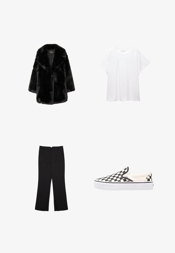 Manteau en fausse fourrure noire avec un large col et de longues manches, conçu pour le confort et le style, présenté sur un fond blanc.; T-shirt blanc en tissu doux et léger. Il présente un col rond et des manches courtes et larges avec une coupe décontractée. Aucun motif visible.; Pantalon noir avec une coupe droite, doté de poches avant et d'éclairs sur l'ourlet. Fabriqué en tissu doux et lisse. Convient à diverses occasions.; Chaussures Vans à enfiler en damier noir et blanc avec une tige en toile, une semelle en caoutchouc et un col rembourré. Bout rond plat avec des accents de semelle blancs.