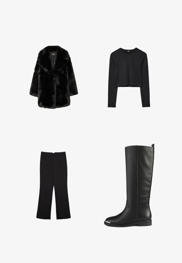 Black faux fur coat with wide collar and long sleeves, designed for warmth and style, displayed on a white background.; Black long-sleeve cropped top with round neckline, plain design, and a slightly curved hem.; Black trousers with a straight fit, featuring front pockets and side slits at the hem. Made of soft, smooth fabric. Suitable for various occasions.; Knee-high black leather boots with a smooth texture, rounded toe, and silver accent on the toe. Featuring a low, flat heel and seamless design.