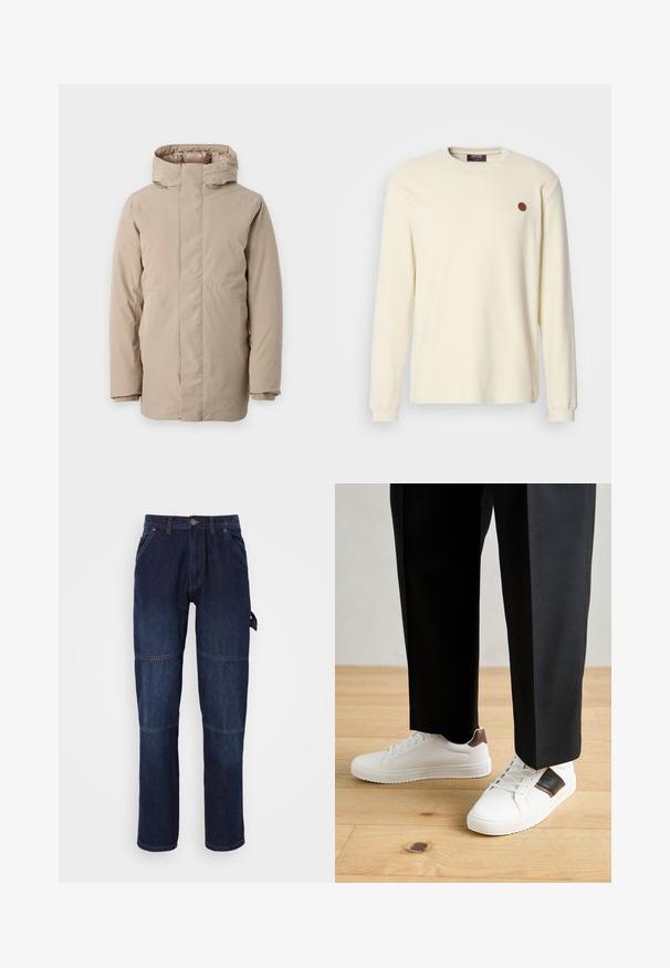 Beige pufferjakke med høy krage, lange ermer og strømlinjeformet design. Laget av glatt stoff med en vannavvisende finish.; Kremfarget ribbestrikket genser med lange ermer, rund hals og brun rund logo-lapp på venstre bryst.; Mørkeblå denim bukser med rett benklipp, som har to frontlommer, synlige sømmer og et sideetikett for funksjonell detalj.; Hvite sneakers med glatt tekstur, med brune skinnakenter og svart detaljer, parret med svarte skreddersydde bukser. Bakgrunn med tregulv.