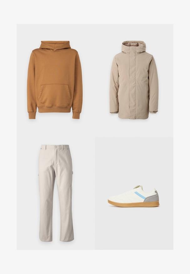 Giacca puffer beige con colletto alto, maniche lunghe e design aerodinamico. Realizzata in tessuto morbido con finitura resistente all'acqua.; Hoodie marrone con tasca frontale, polsini e orlo a coste, e cappuccio con coulisse. Realizzato in un morbido tessuto testurizzato.; Pantaloni cargo beige realizzati in cotone resistente con gambe dritte, chiusura frontale con bottone e tasche laterali per utility. Texture liscia con cuciture sottili.; Sneaker con una parte superiore color crema, striscia laterale blu e accentuazione grigia sul tallone. Presenta un design testurizzato e suola in gomma naturale.