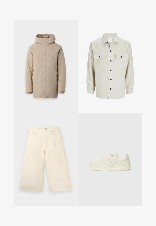 Beige puhviste jacket, millel on kõrge kaelus, pikad varrukad ja voolujoonis disain. Valmistatud siledast kangast, millel on veekindel viimistlus.; Beež flanellist särk, millel on krae, kahe rinnatasku ja mustade nööpidega, pikaaeline varrukad nööpidega cuffs.; Beez shorts, millelega disainiga, valmistatud puuvillast, klassikalise viie-tasku kujundusega. Ees on hõbedane metallist nööp ja tõmblukk.; Koor valged tossud perforatsiooni detailide, nööpide ja külje logo ka, esitatud ühtlase valge tausta ees.