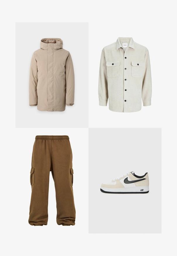 Beige pufferjack met hoge kraag, lange mouwen en een gestroomlijnd ontwerp. Gemaakt van gladde stof met een waterafstotende afwerking.; Beige flanellen overhemd met een kraaglijn, voorzien van twee borstzakken, zwarte knopen en lange mouwen met knoopmanchetten.; Bruine sweatpants gemaakt van zachte stof met een losse pasvorm, voorzien van een elastische tailleband, taps toelopende manchetten en zijvakken.; Sneakers met een lichtbeige suède en witte leren bovenkant, zwarte Nike swoosh, zwarte accenten en een witte rubberen zool met "AIR" branding.