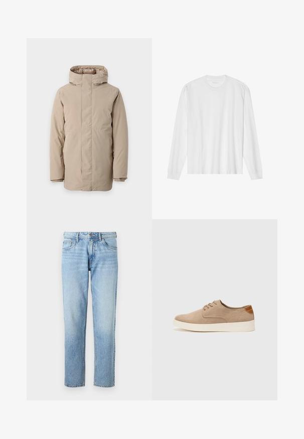 Bežinė pūkinė striukė, pasižyminti aukšta apykakle, ilgomis rankovėmis ir elegantišku dizainu. Pagaminta iš lygios medžiagos su vandens atspariu pabaiga.; Ilgos rankovės baltas medvilnės marškinėliai su apvaliu kaklu ir raukšlėtomis rankovėmis. Paprastas, be puošmenų dizainas, turintis lygią tekstūrą ir standartinę prigludimą.; Šviesiai mėlyni džinsai su tiesiu kirpimu, penkių kišenių dizainu, nusidėvėjusia tekstūra ir klasikiniu sagčių bei užtrauktuko uždarymu.; Bežiniai zomšiniai sportbačiai su apvaliomis pirštų dalimis, raišteliais priekyje ir tekstūruotu užkulniu. Balta guma suteikia kontrastą. Paprastas ir modernus dizainas.