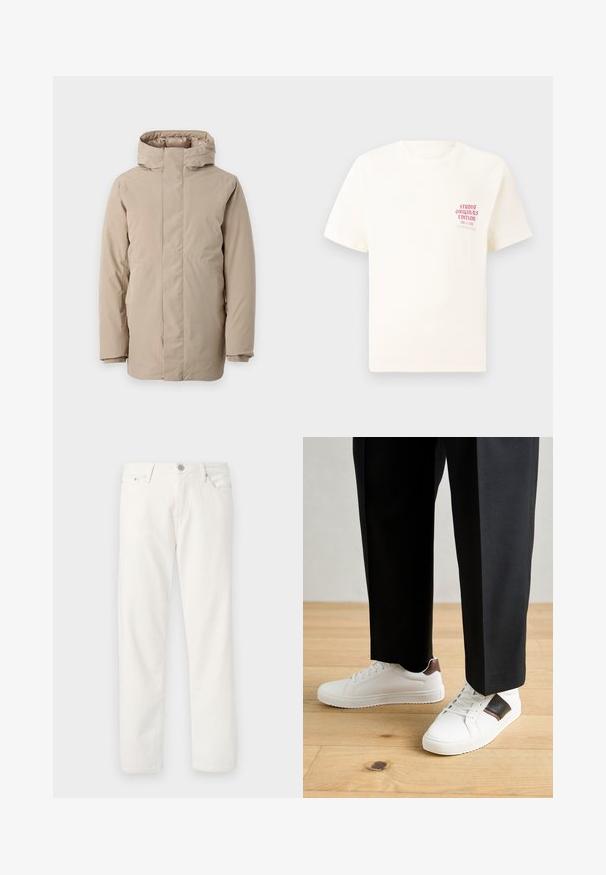 Doudoune beige avec un col montant, des manches longues et un design épuré. Fabriquée en tissu lisse avec une finition déperlant.; T-shirt blanc à manches courtes avec le texte rouge "Édition Originals du Studio" sur la poitrine gauche, présenté sur un fond gris neutre.; Jeans en denim blanc avec une coupe droite, un design à cinq poches, fermeture éclair et bouton, et une texture subtile. Équipés de passants de ceinture et de coutures contrastées.; Des sneakers blanches au texture lisse, avec des accents en cuir marron et des détails noirs, assorties à un pantalon noir ajusté. Fond en parquet.