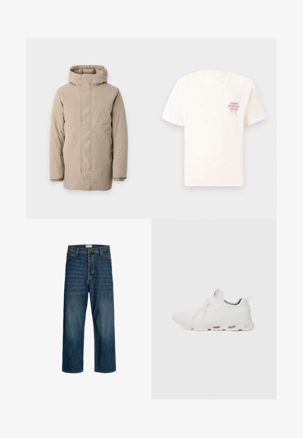 Beige puhviste jacket, millel on kõrge kaelus, pikad varrukad ja voolujoonis disain. Valmistatud siledast kangast, millel on veekindel viimistlus.; Valge lühikeste varrukatega T-särk, millel on vasakul rinnal punane tekst "Studio Originals Edition", esitatud neutraalsel hallil taustal.; Tumed sinised teksad sirge säärega. Omadusteks on nööbikinnitus, vöökohad ja õmbluse aktsendid.; Valged sportijalatsid, millel on tekstuuriga kudum peal, lame paelad ja pehmendatud tallad nähtavate õhukambritega täiendava toe jaoks.