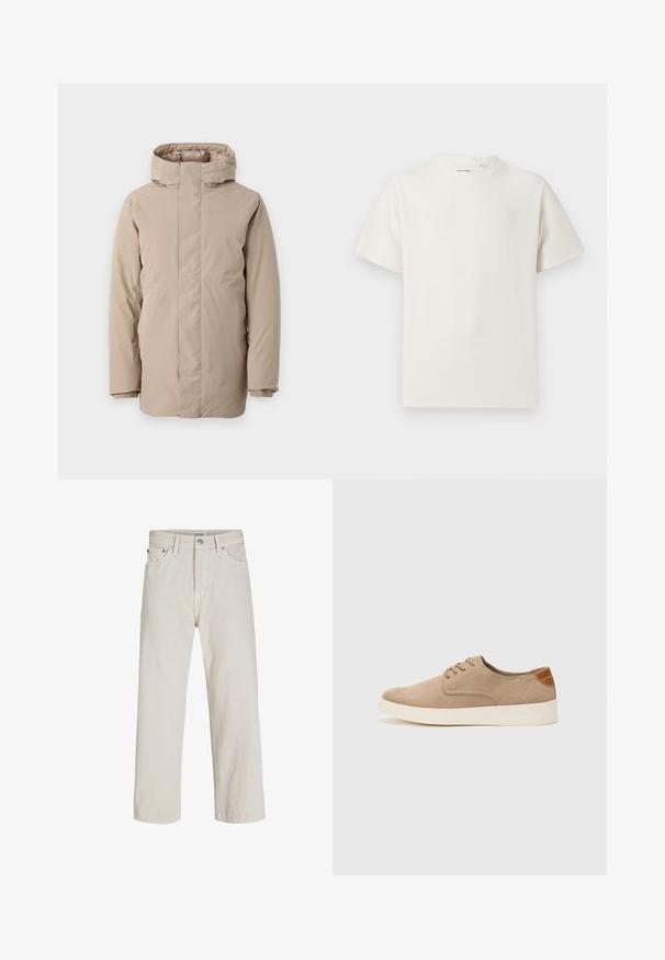 Giacca puffer beige con colletto alto, maniche lunghe e design aerodinamico. Realizzata in tessuto morbido con finitura resistente all'acqua.; T-shirt bianca a maniche corte in texture a coste. Girocollo, vestibilità rilassata, senza modelli o accenti visibili. Design semplice e versatile.; Pantaloni in denim beige chiaro con taglio dritto, dotati di tasche frontali, chiusura con bottone e dettagli di cucitura discreti.; Sneaker in suede beige con punta arrotondata, stringhe davanti e un accento testurizzato sul retro. La suola in gomma bianca offre un contrasto. Design semplice e moderno.