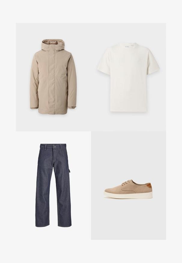 Beige puffer jacket featuring a high collar, long sleeves, and a streamlined design. Made from smooth fabric with a water-resistant finish.; White short-sleeve T-shirt in a ribbed texture. Round neckline, relaxed fit, no visible patterns or accents. Simple and versatile design.; Denim trousers in dark blue, featuring a straight-leg design, front button closure, contrasting stitching, and a side pocket detail.; Beige suede sneakers with a rounded toe, lace-up front, and a textured back accent. White rubber sole provides contrast. Simple and modern design.