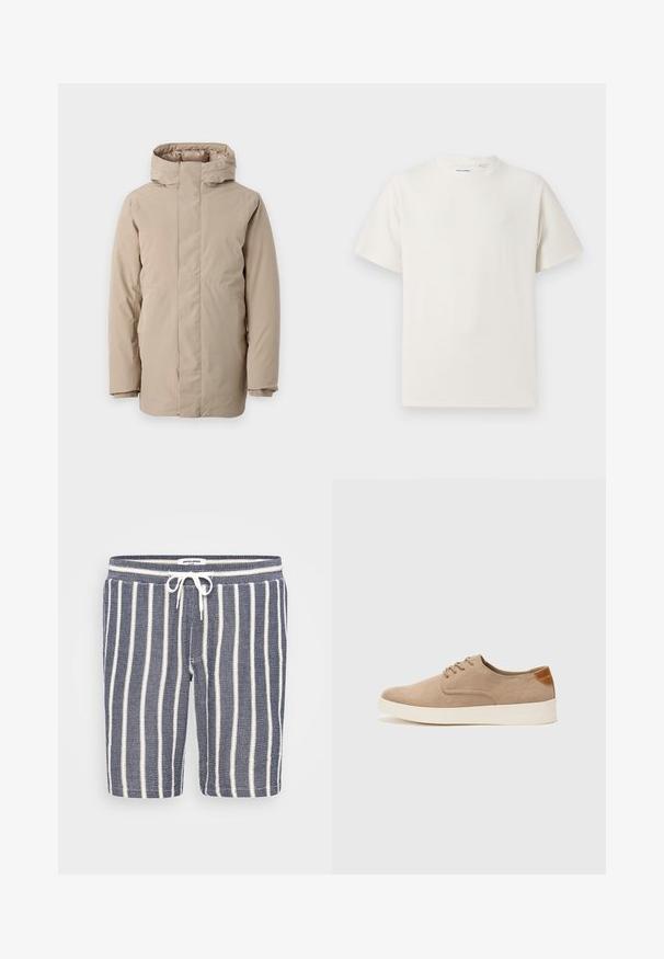 Doudoune beige avec un col montant, des manches longues et un design épuré. Fabriquée en tissu lisse avec une finition déperlant.; T-shirt blanc à manches courtes en texture côtelée. Encolure ronde, coupe décontractée, sans motifs ni accents visibles. Design simple et polyvalent.; Shorts rayés bleu et blanc en tissu texturé, dotés d'une taille élastique avec cordon de serrage. Longueur jusqu'à mi-cuisse.; Baskets en daim beige avec un embout arrondi, un laçage sur le devant et un accent texturé à l'arrière. La semelle en caoutchouc blanche offre un contraste. Design simple et moderne.