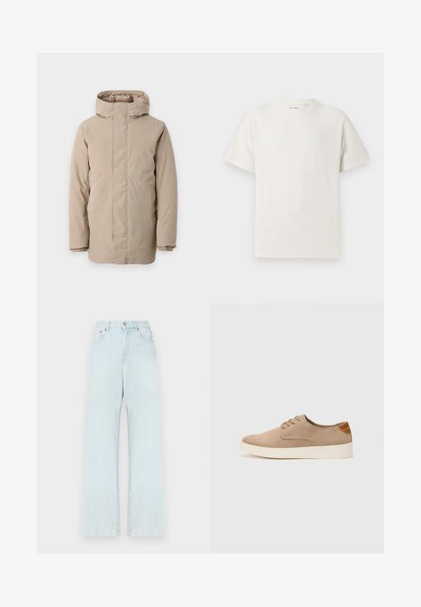 Beige puffatakki, jossa on korkea kaulus, pitkät hihat ja virtaviivainen muotoilu. Valmistettu sileästä kankaasta, jossa on vedenkestävä viimeistely.; Valkoinen lyhythihainen T-paita ribbikuviossa. Pyöreä kaula-aukko, rento istuvuus, ei näkyviä kuvioita tai yksityiskohtia. Yksinkertainen ja monikäyttöinen muotoilu.; Vaaleansiniset farkut suoranlahkeisella siluetilla, joissa on viisi taskua, napitus ja minimoidut ompelutiedot.; Beige nubuck-lenkkarit, joissa on pyöreä kärki, nauhakiinnitys ja teksturoitu takaosa. Valkoinen kumipohja tuo kontrastia. Yksinkertainen ja moderni muotoilu.