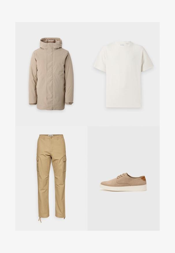 Beige puffer jacket featuring a high collar, long sleeves, and a streamlined design. Made from smooth fabric with a water-resistant finish.; White short-sleeve T-shirt in a ribbed texture. Round neckline, relaxed fit, no visible patterns or accents. Simple and versatile design.; Khaki cargo pants with a straight fit, made of cotton. Features include side pockets, a button closure, and adjustable ankle ties.; Beige suede sneakers with a rounded toe, lace-up front, and a textured back accent. White rubber sole provides contrast. Simple and modern design.