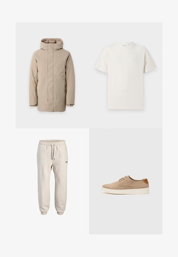 Beige pufferjack met hoge kraag, lange mouwen en een gestroomlijnd ontwerp. Gemaakt van gladde stof met een waterafstotende afwerking.; Witte korte mouwen T-shirt met ribbelstructuur. Ronde hals, ontspannen pasvorm, geen zichtbare patronen of accenten. Eenvoudig en veelzijdig ontwerp.; Lichtbeige joggerbroeken van zacht materiaal, voorzien van een elastische tailleband met trekkoord en taps toelopende cuffs. Klein logo detail aan de voorkant.; Beige suède sneakers met een ronde neus, vetersluiting aan de voorkant en een getextureerde achteraccent. De witte rubberen zool zorgt voor contrast. Eenvoudig en modern ontwerp.