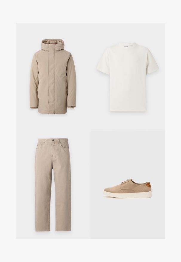 Beige puffer jacket featuring a high collar, long sleeves, and a streamlined design. Made from smooth fabric with a water-resistant finish.; White short-sleeve T-shirt in a ribbed texture. Round neckline, relaxed fit, no visible patterns or accents. Simple and versatile design.; Beige cotton pants with a straight leg design, featuring a button closure, five pockets, and subtle stitching details. Smooth texture.; Beige suede sneakers with a rounded toe, lace-up front, and a textured back accent. White rubber sole provides contrast. Simple and modern design.