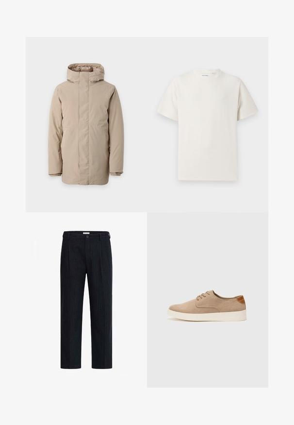 Beige puhviste jacket, millel on kõrge kaelus, pikad varrukad ja voolujoonis disain. Valmistatud siledast kangast, millel on veekindel viimistlus.; Valge lühikeste varrukatega T-särk ribakudumises. Ümar kaelus, mugav lõige, nähtavad mustrid ega aksessuaarid puuduvad. Lihtne ja mitmekesine disain.; Tumed pinstripe püksid, mis on varustatud sirge sääre disainiga, nööbikinnituse ja kohandatud voltidega, valmistatud tekstureeritud kangast.; Beežid nahast tossud ümarate varvastega, paeltega esiosa ja tekstuuriga tagakontuuriga. Valge kummist tallapakkumine loob kontrasti. Lihtne ja kaasaegne disain.