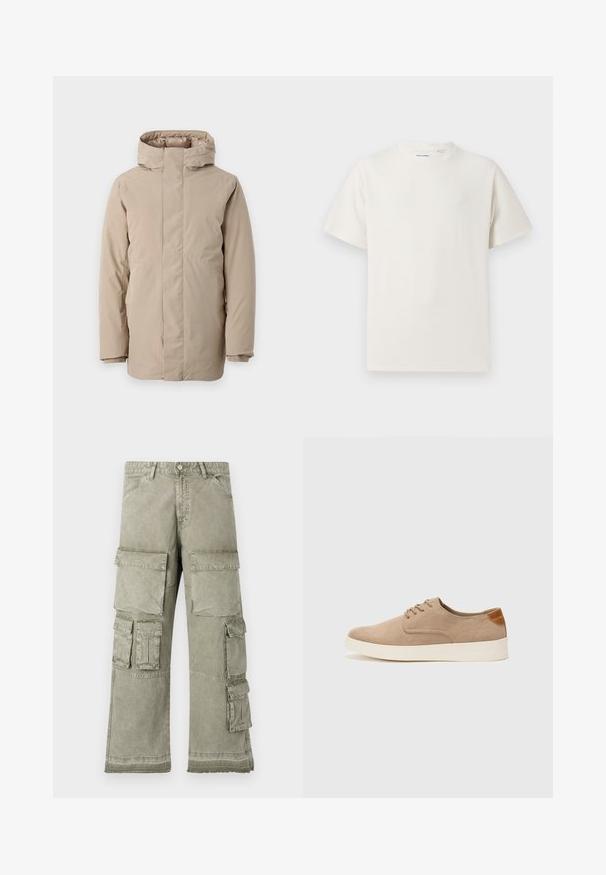 Beige pufferjack met hoge kraag, lange mouwen en een gestroomlijnd ontwerp. Gemaakt van gladde stof met een waterafstotende afwerking.; Witte korte mouwen T-shirt met ribbelstructuur. Ronde hals, ontspannen pasvorm, geen zichtbare patronen of accenten. Eenvoudig en veelzijdig ontwerp.; Lichte olijfgroene cargobroeken met meerdere grote zakken, een wijde pijpdesign en onafgewerkte zoomdetails. Gemaakt van duurzaam materiaal.; Beige suède sneakers met een ronde neus, vetersluiting aan de voorkant en een getextureerde achteraccent. De witte rubberen zool zorgt voor contrast. Eenvoudig en modern ontwerp.