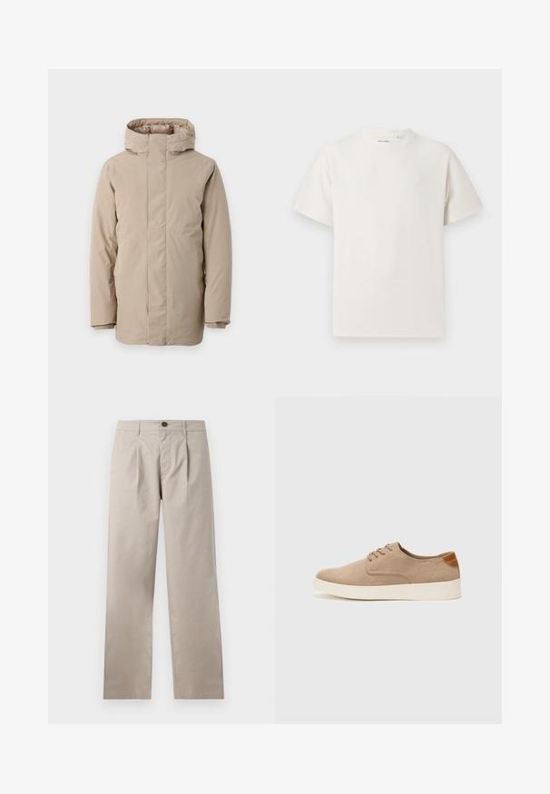 Beige puffer jacket featuring a high collar, long sleeves, and a streamlined design. Made from smooth fabric with a water-resistant finish.; White short-sleeve T-shirt in a ribbed texture. Round neckline, relaxed fit, no visible patterns or accents. Simple and versatile design.; Beige trousers with a straight leg, featuring single pleats, four pockets, and a front button closure, made from lightweight cotton fabric.; Beige suede sneakers with a rounded toe, lace-up front, and a textured back accent. White rubber sole provides contrast. Simple and modern design.