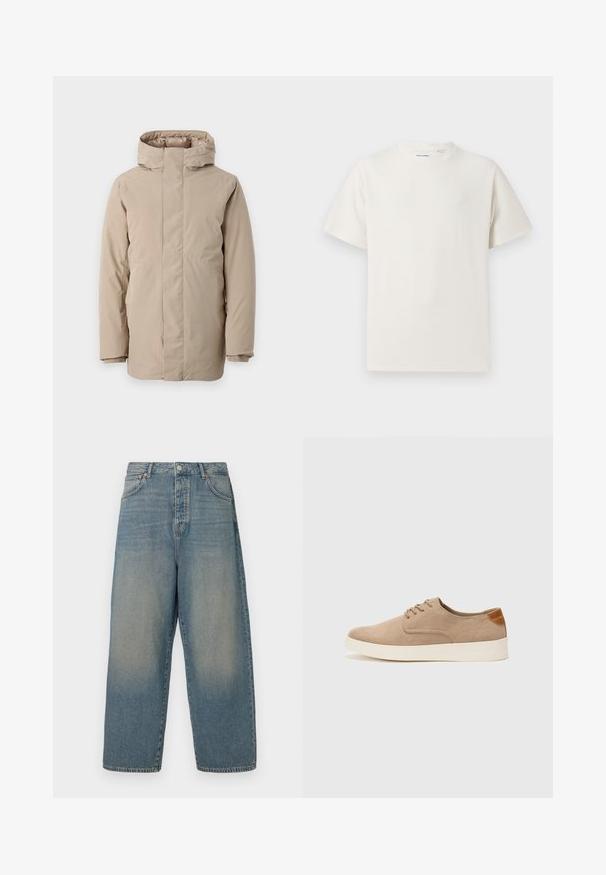 Chaqueta acolchada beige con cuello alto, mangas largas y un diseño estilizado. Fabricada en un tejido suave con un acabado resistente al agua.; Camiseta blanca de manga corta en textura acanalada. Cuello redondo, corte relajado, sin patrones ni acentos visibles. Diseño simple y versátil.; Jeans de mezclilla azul claro de pierna ancha con cintura alta, cuatro bolsillos y costuras en contraste. Textura suave con un acabado desgastado.; Zapatillas de ante beige con puntera redondeada, cordones en la parte delantera y un acento texturizado en la parte trasera. La suela de goma blanca proporciona contraste. Diseño sencillo y moderno.