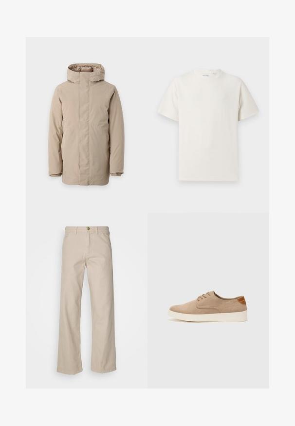 Doudoune beige avec un col montant, des manches longues et un design épuré. Fabriquée en tissu lisse avec une finition déperlant.; T-shirt blanc à manches courtes en texture côtelée. Encolure ronde, coupe décontractée, sans motifs ni accents visibles. Design simple et polyvalent.; Pantalons larges en coton beige avec cinq poches, une fermeture à bouton et des passants de ceinture ; texture lisse avec une coupe droite et un ourlet.; Baskets en daim beige avec un embout arrondi, un laçage sur le devant et un accent texturé à l'arrière. La semelle en caoutchouc blanche offre un contraste. Design simple et moderne.