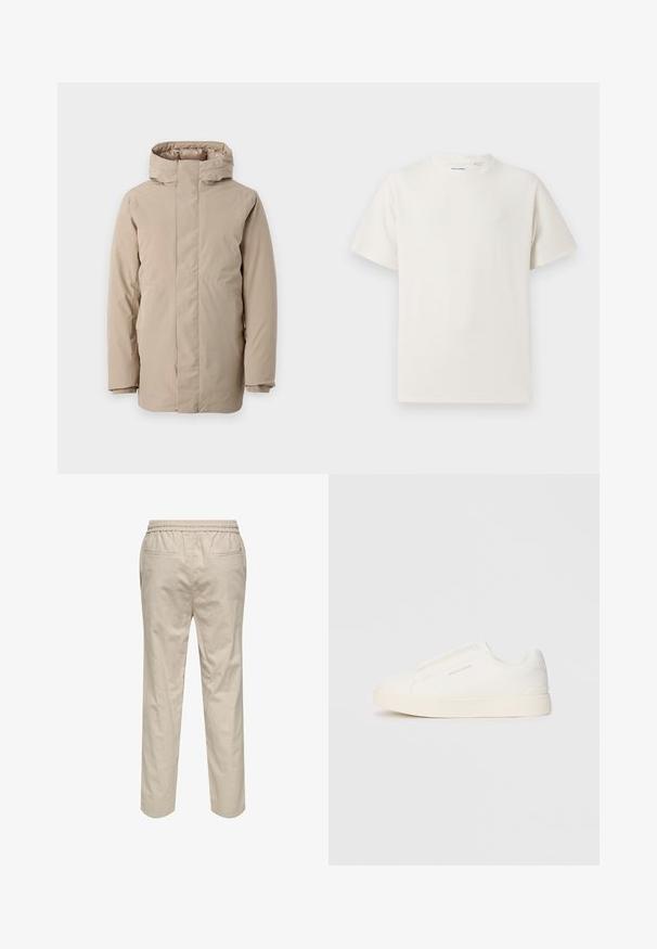Bežinė pūkinė striukė, pasižyminti aukšta apykakle, ilgomis rankovėmis ir elegantišku dizainu. Pagaminta iš lygios medžiagos su vandens atspariu pabaiga.; Balta trumpa rankovė T-polo marškinėlių su juostelėmis tekstūra. Apvalus iškirpimas, laisvas fasonas, jokių matomų raštų ar akcentų. Paprastas ir universalus dizainas.; Šviesiai smėlio spalvos medvilninės kelnės su elastinga juostele, dviem šoniniais kišenėmis ir tiesiomis kojomis. Lygus paviršius su minimaliais detalėmis.; Baltos slip-on sportbačiai su tekstūruota paviršiumi, storesniu padu ir minimalistišku dizainu. Šone matosi prekės ženklo logotipas.