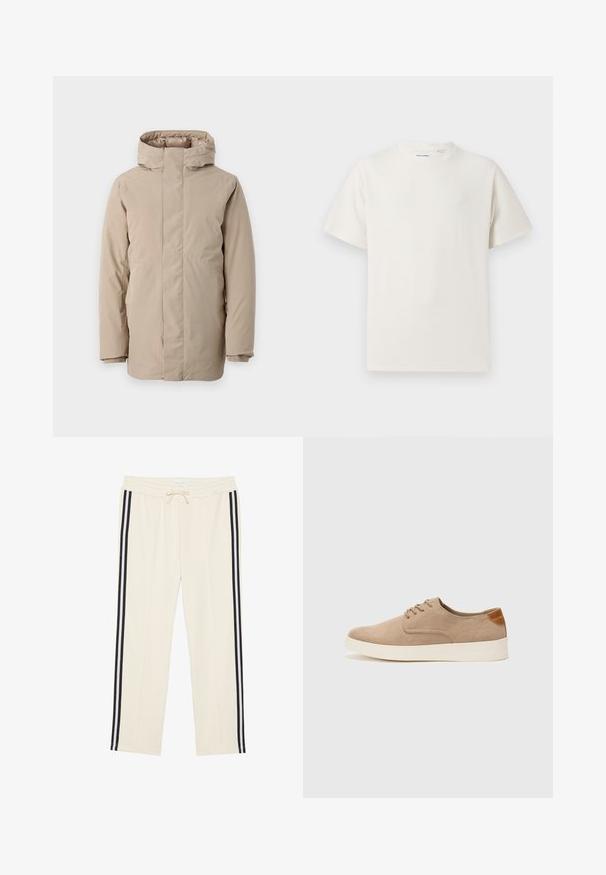 Beige puffer jacket featuring a high collar, long sleeves, and a streamlined design. Made from smooth fabric with a water-resistant finish.; White short-sleeve T-shirt in a ribbed texture. Round neckline, relaxed fit, no visible patterns or accents. Simple and versatile design.; Cream jogger pants with elastic waistband and adjustable drawstring. Features two black side stripes running down each leg. Soft fabric texture.; Beige suede sneakers with a rounded toe, lace-up front, and a textured back accent. White rubber sole provides contrast. Simple and modern design.