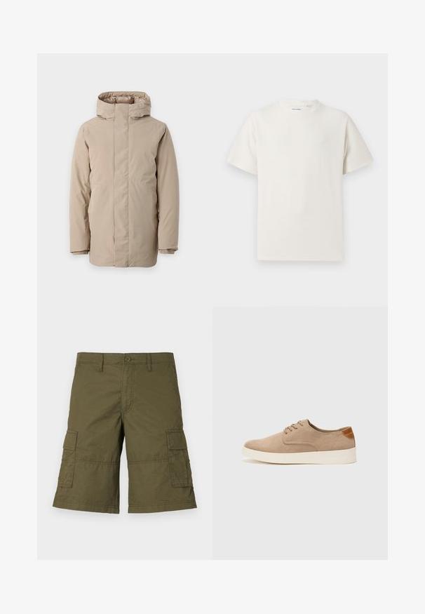 Bež puffer jakna s visokim ovratnikom, dugim rukavima i aerodinamičnim dizajnom. Izrađena od glatkog materijala s vodootpornim premazom.; Bijela kratka majica s kratkim rukavima u rebrastoj teksturi. Okrugli izrez, ležeran kroj, bez vidljivih uzoraka ili akcenta. Jednostavan i svestran dizajn.; Maslinasto zelene cargo kratke hlače s kopčanjem na dugme, višestrukim bočnim džepovima i ušivanim detaljima. Izrađene od izdržljivog materijala s opuštenim krojem.; Bež nubuk tenisice s okruglim vrhom, vezanjem sprijeda i teksturiranim stražnjim naglaskom. Bijela gumena potpetica pruža kontrast. Jednostavan i moderan dizajn.