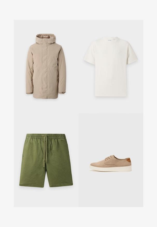 Bežs pūkains mētelis ar augstu apkakli, garām piedurknēm un plūstošu dizainu. Izgatavots no gludas auduma ar ūdensizturīgu apdari.; Balta krūštura īsām piedurknēm ar ribota auduma faktūru. Apaļš kakla izgriezums, brīvs griezums, bez redzamām rakstām vai akcentiem. Vienkāršs un daudzpusīgs dizains.; Khaki zaļi šorti, kas izgatavoti no mīksta kokvilnas, ar elastīgu jostu un piesiešanas auklu, kā arī sānu kabatām. Gluda tekstūra, ikdienišķs dizains.; Beige zamšādas kedas ar noapaļotu purngala daļu, auklēm saplacinātu priekšpusi un teksturētu aizmugures akcentu. Balta gumijas zole nodrošina kontrastu. Vienkāršs un mūsdienīgs dizains.