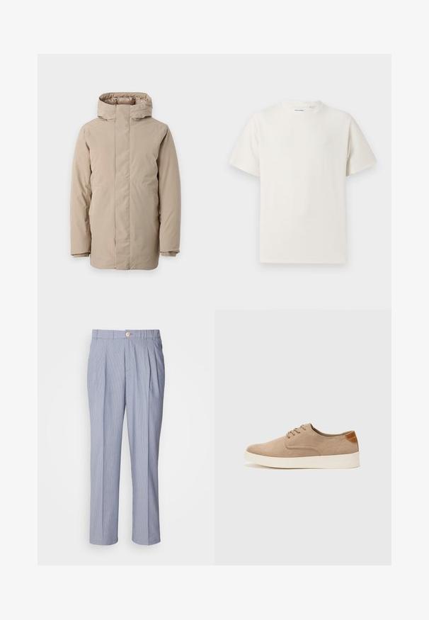 Bežs pūkains mētelis ar augstu apkakli, garām piedurknēm un plūstošu dizainu. Izgatavots no gludas auduma ar ūdensizturīgu apdari.; Balta krūštura īsām piedurknēm ar ribota auduma faktūru. Apaļš kakla izgriezums, brīvs griezums, bez redzamām rakstām vai akcentiem. Vienkāršs un daudzpusīgs dizains.; Svītroti bikses gaiši zila un baltā krāsā, ar pogu aizdari, krokām priekšpusē un taisnu kāju dizainu. Gluda auduma tekstūra.; Beige zamšādas kedas ar noapaļotu purngala daļu, auklēm saplacinātu priekšpusi un teksturētu aizmugures akcentu. Balta gumijas zole nodrošina kontrastu. Vienkāršs un mūsdienīgs dizains.